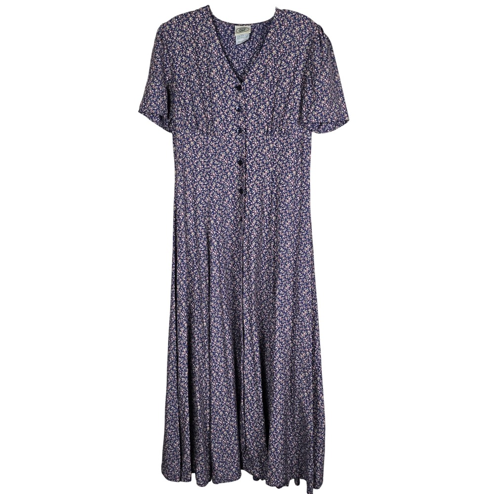 Vintage 90s Laura Ashley Floral Maxi Dress Made in Great Britain 6 Blue Viscose